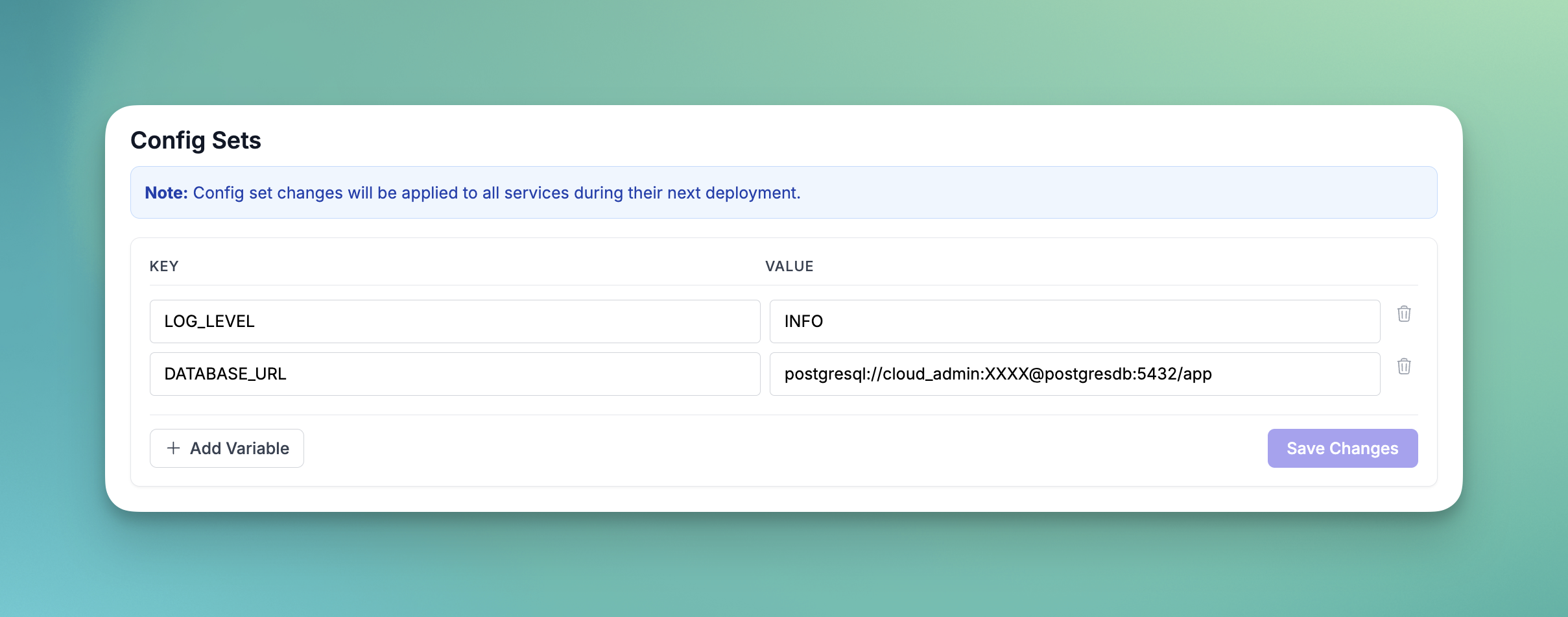 Screenshot of Config Sets screen