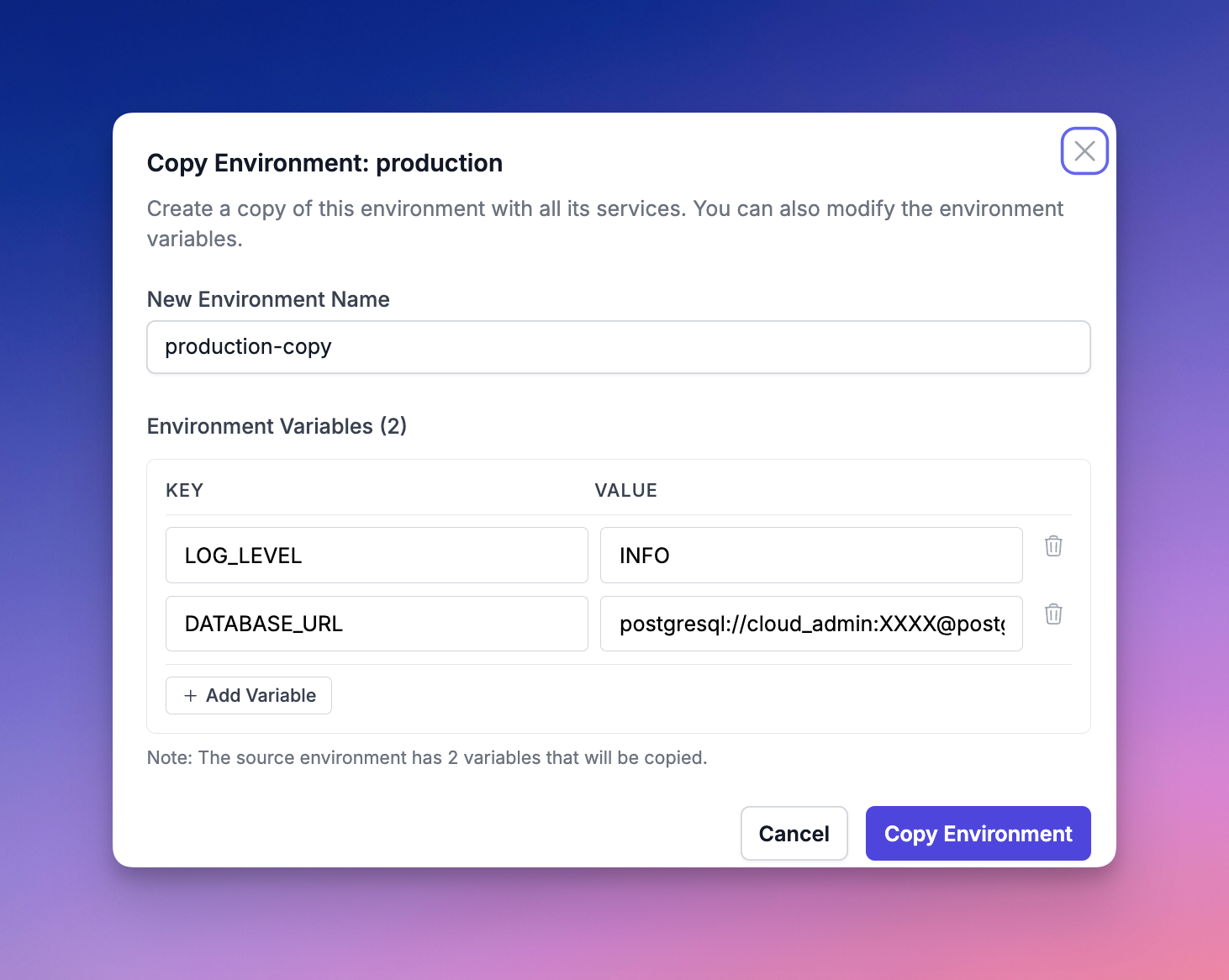 Screenshot of Copy Environment screen